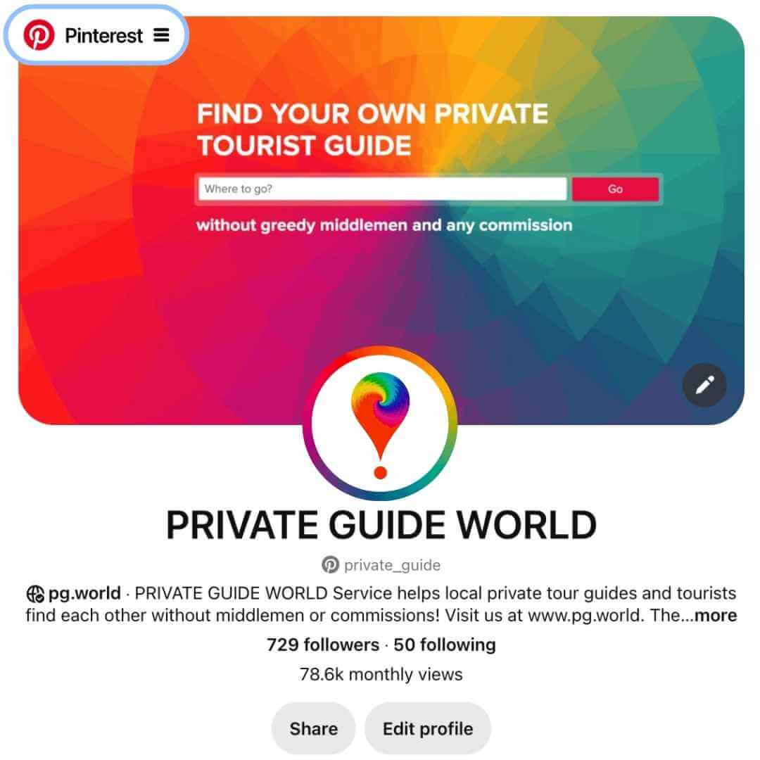 Profile of the PRIVATE GUIDE WORLD platform on Pinterest