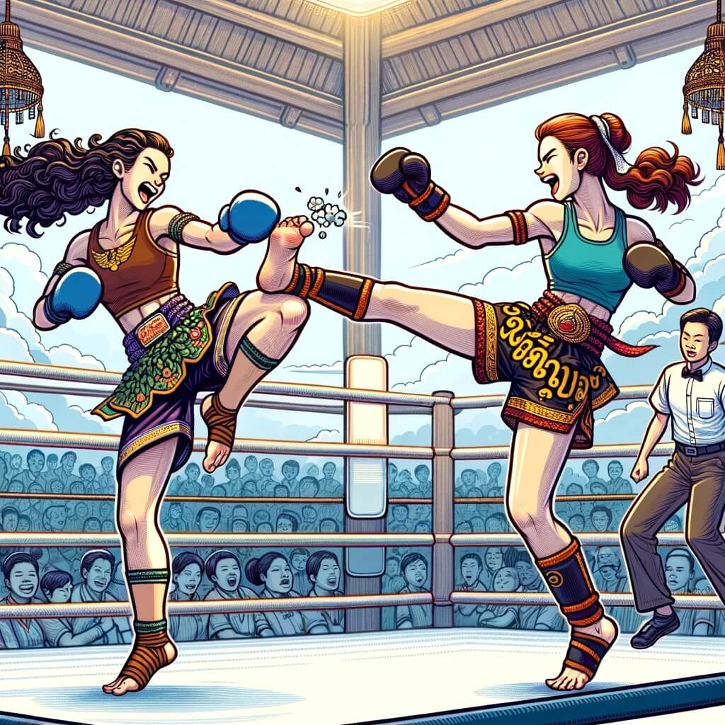 Kickboxing is famous not only among men! Two Thai professional female kick-boxers fighting in the ring in Muay Thai in Bangkok