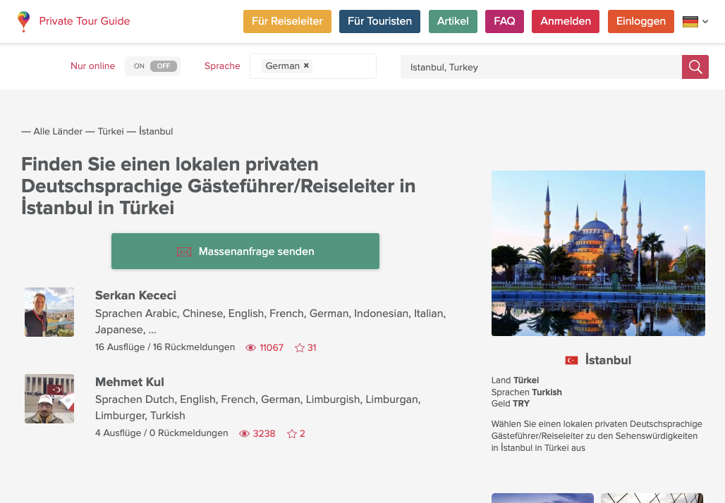 Seite lokaler privater Reiseleiter in Istanbul auf der PRIVATE GUIDE WORLD-Plattform