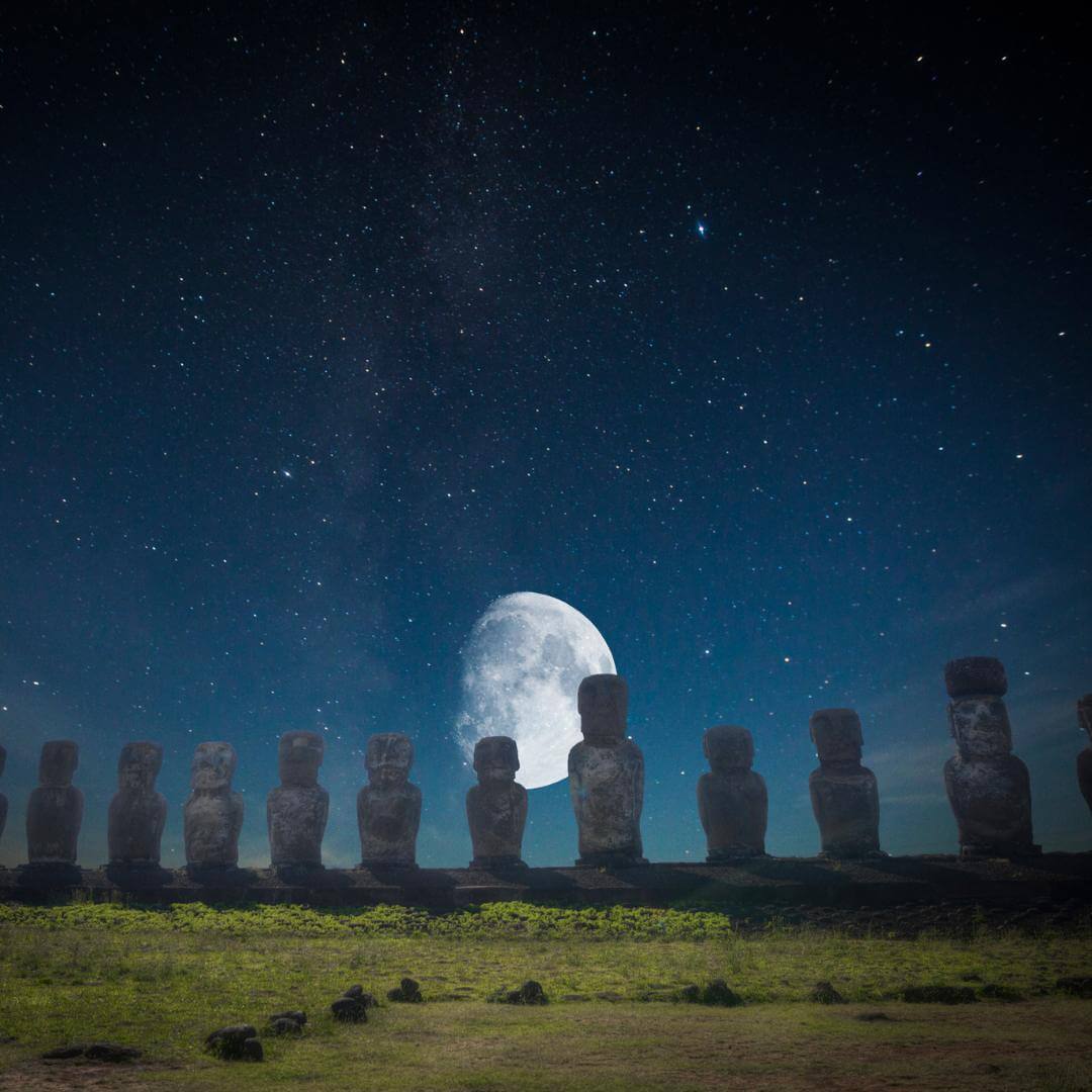 Shining moon and stars over the Easter Island