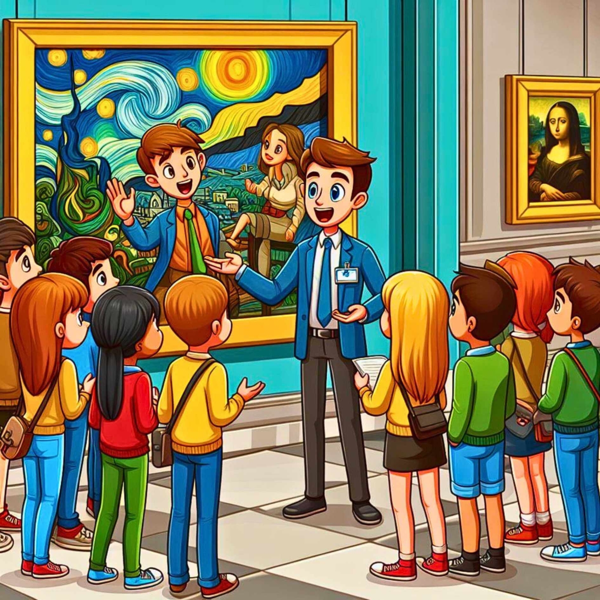 Adolescentes en un museo de bellas artes y el guía del museo les presenta una obra maestra y les da algunas explicaciones.