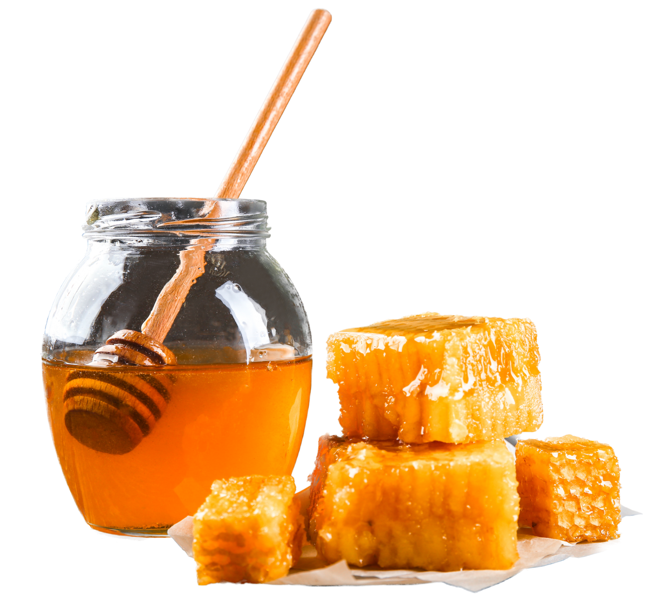 Aromatischer Honig im Glas und in Waben