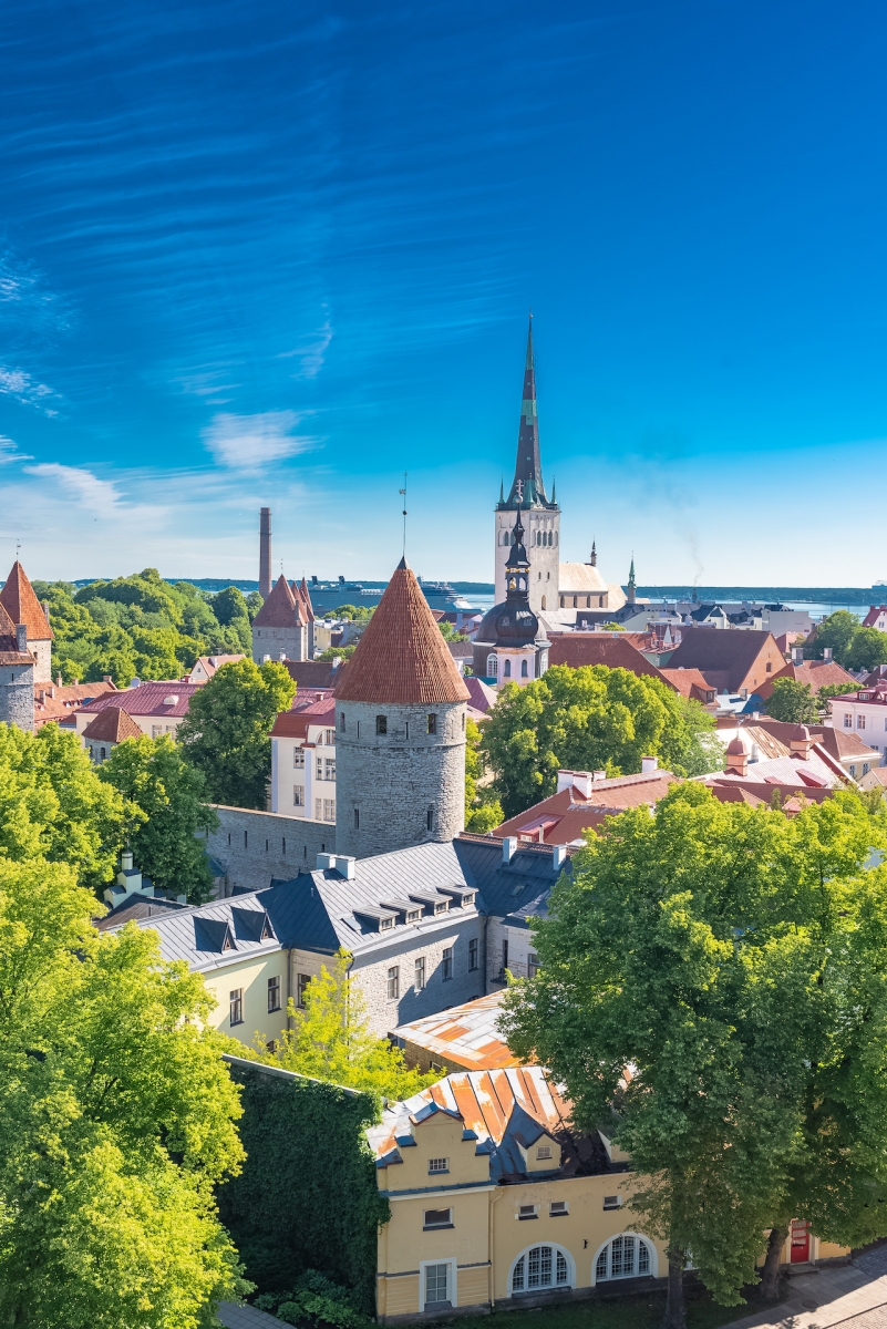 Tallinn in Estonia, panorama della città medievale con la chiesa di Saint-Nicolas, case colorate e torri tipiche