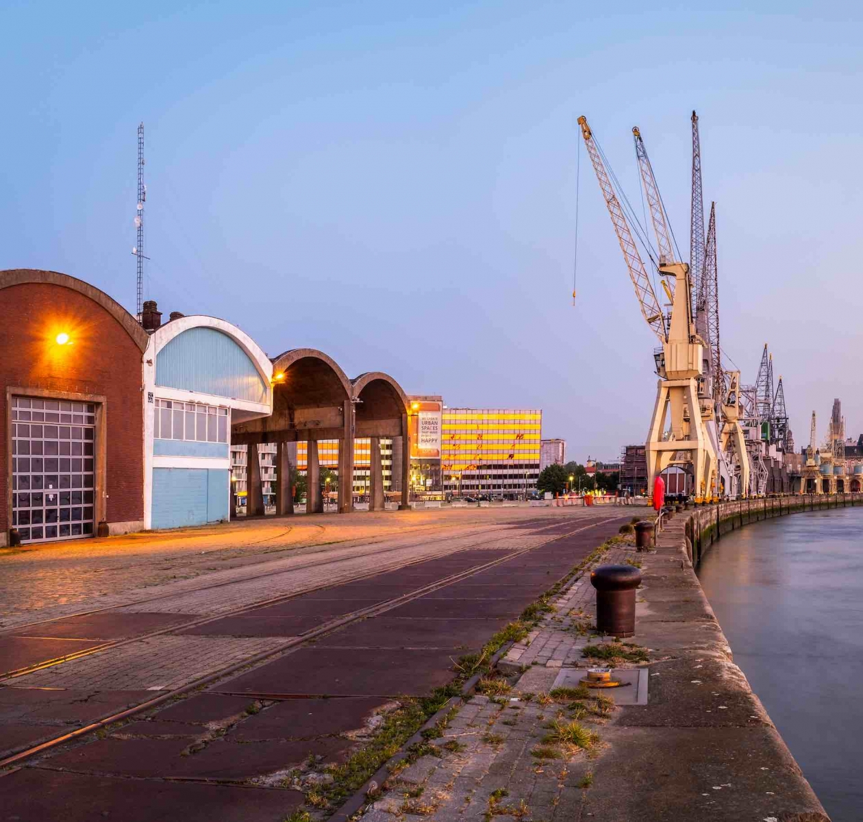 Historical harbor cranes in the old section of the Port of Antwerp