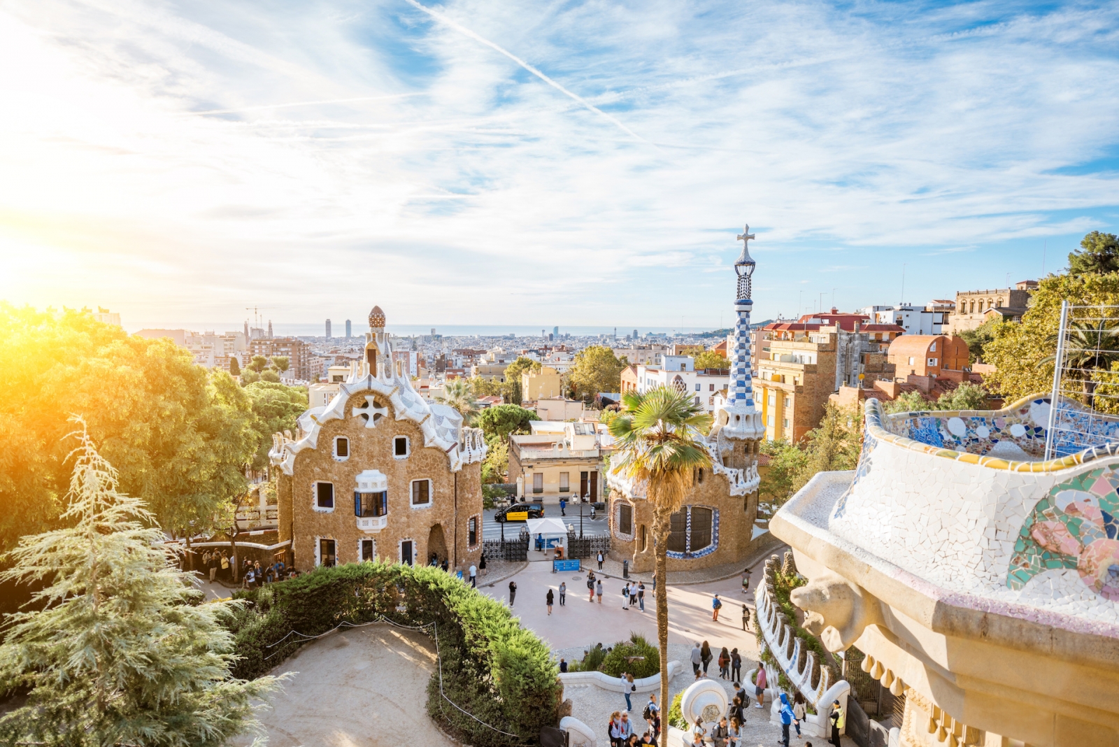 Cityscape view with colorful fairy buildings in the famous Guell park during the morning light in Barcelona