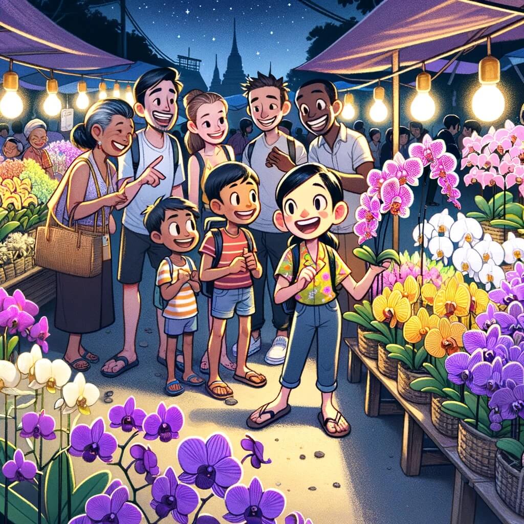 A local Thai tour guide and the tourists buy orchids of different colors and types on Night Flower Market in Bangkok