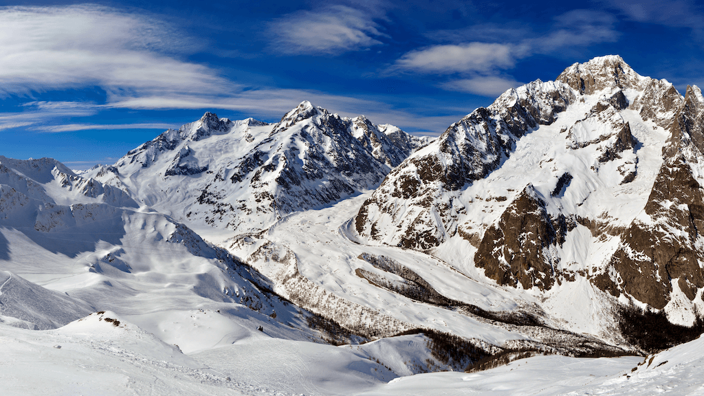 Mont Blanc de Courmayeur, Aiguille de Tré-la-Tête, Aiguille des Glaciers, and Miage Glacier seen from Cresta Youla. Part of the Graian Alps range