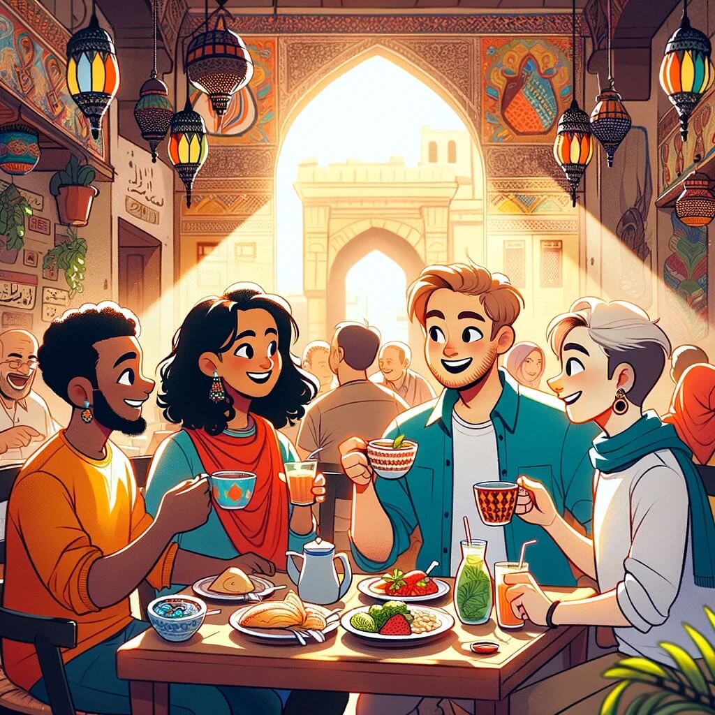 I turisti stranieri fanno colazione all'El Fishawy Café al Cairo, in Egitto