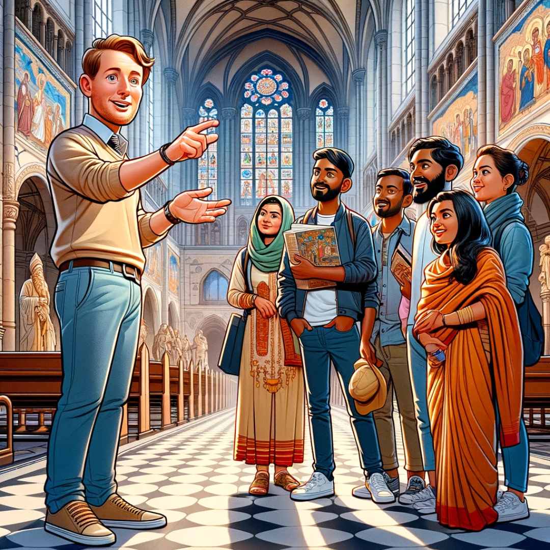 Ein ortsansässiger deutscher Reiseleiter zeigt einer Gruppe von vier indischen Touristen die Innenräume der St.-Nikolaus-Kirche