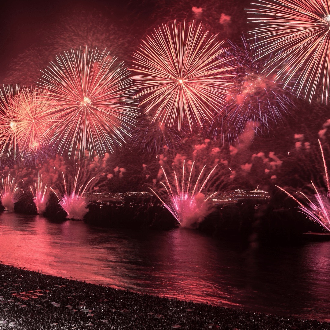 Fireworks on Copacabana Beach, Rio de Janeiro, celebrating New Year's Eve