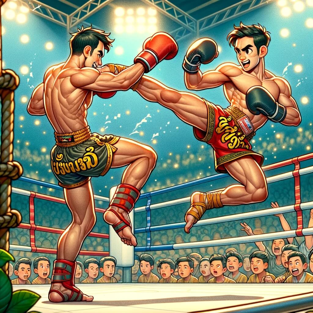 Due kick-boxer professionisti tailandesi che combattono sul ring di Muay Thai a Bangkok
