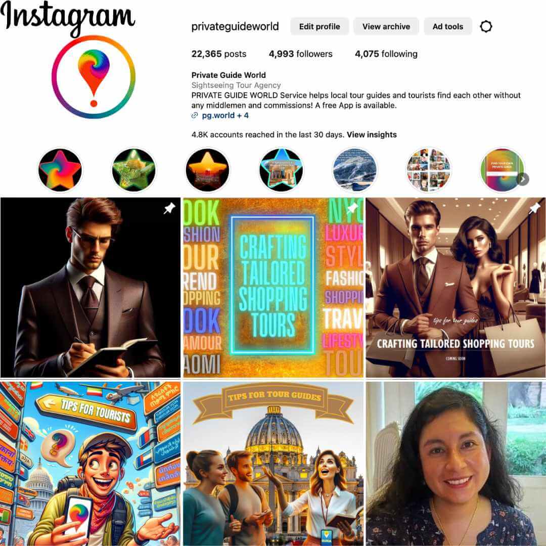 Compte Instagram de la plateforme PRIVATE GUIDE WORLD