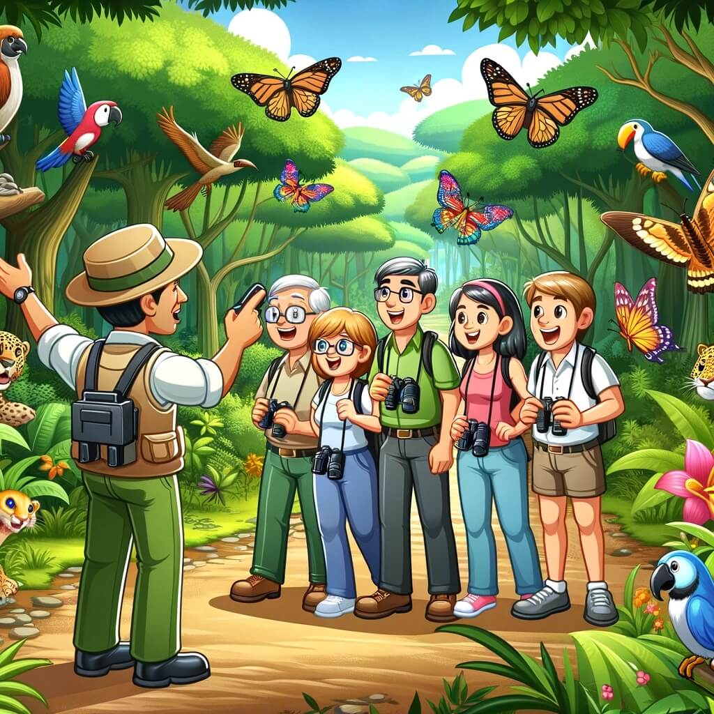 Una guida turistica locale guida un gruppo di turisti attraverso la giungla e presenta creature rare
