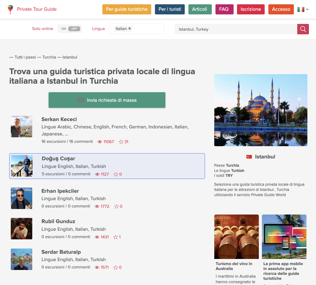 Pagina delle guide turistiche private locali di Istanbul sulla piattaforma PRIVATE GUIDE WORLD