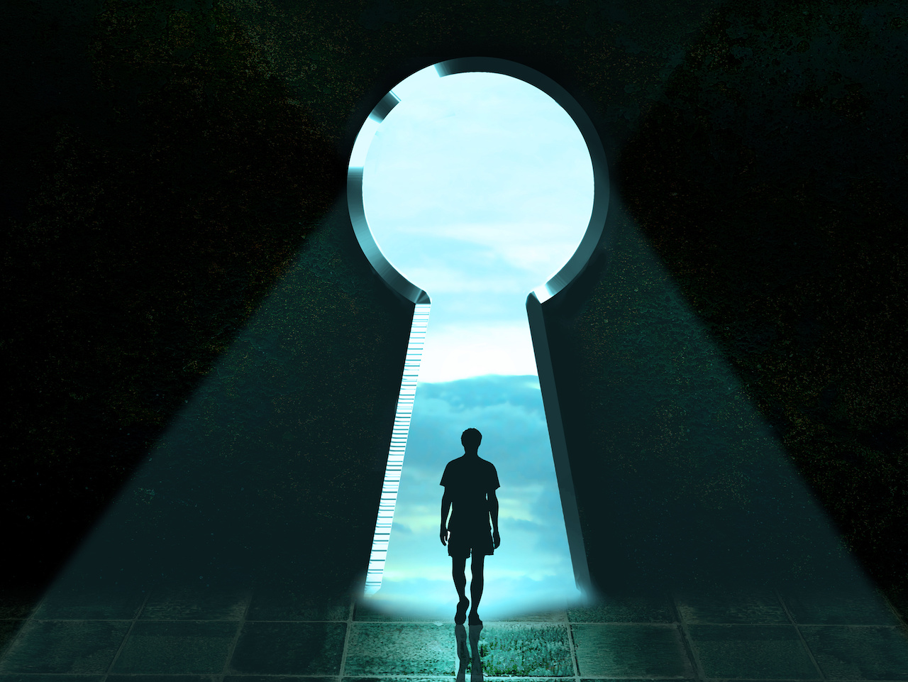 youngman walking alone in front of a big keyhole