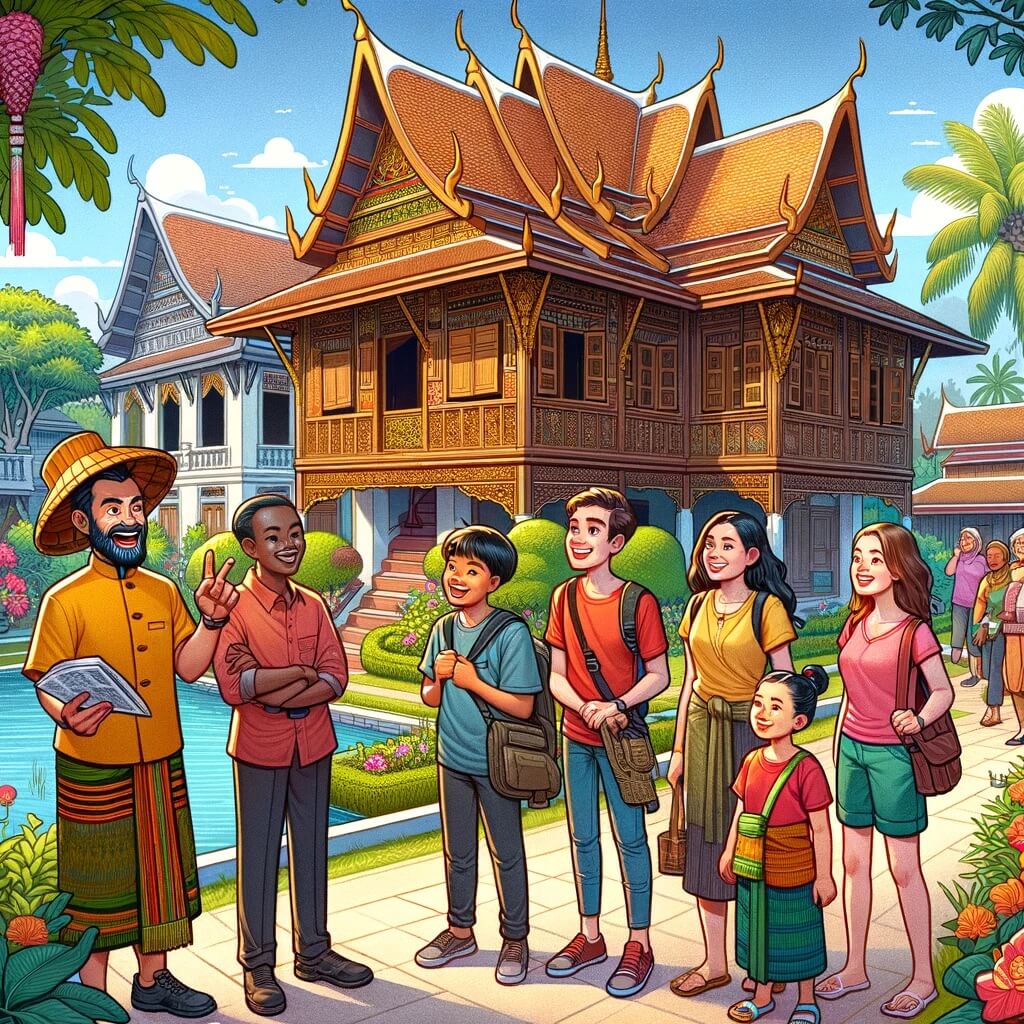 Ein lokaler thailändischer Reiseleiter mit einer Gruppe von Touristen auf einem individuellen Ausflug im Jim Thompson House in Bangkok