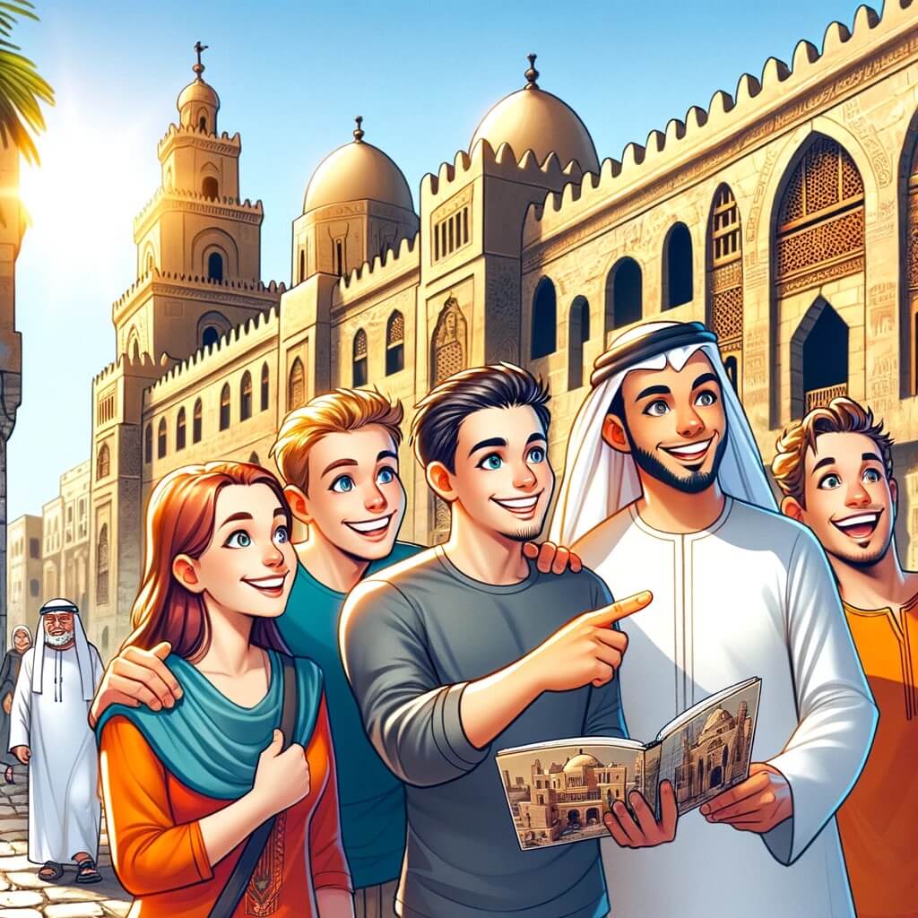 Местный гид показывает Бейт-эль-Сет-Василу иностранным туристам из Европы в Старом Каире.