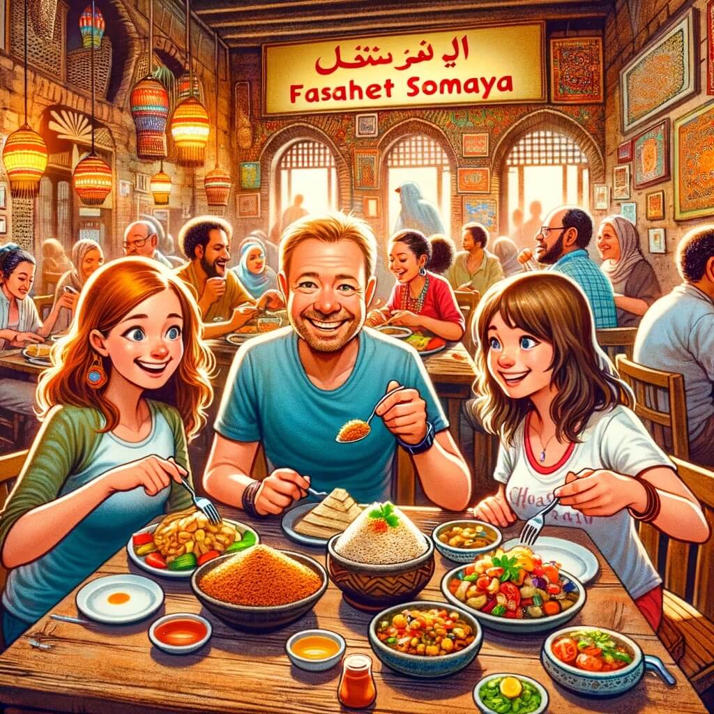 Los turistas extranjeros almuerzan en Fasahet Somaya en El Cairo, Egipto