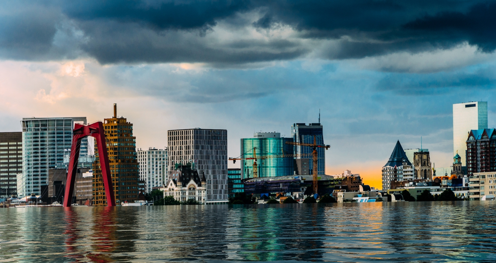 Digital manipulation of flooded Rotterdam, Netherlands downtown skyline