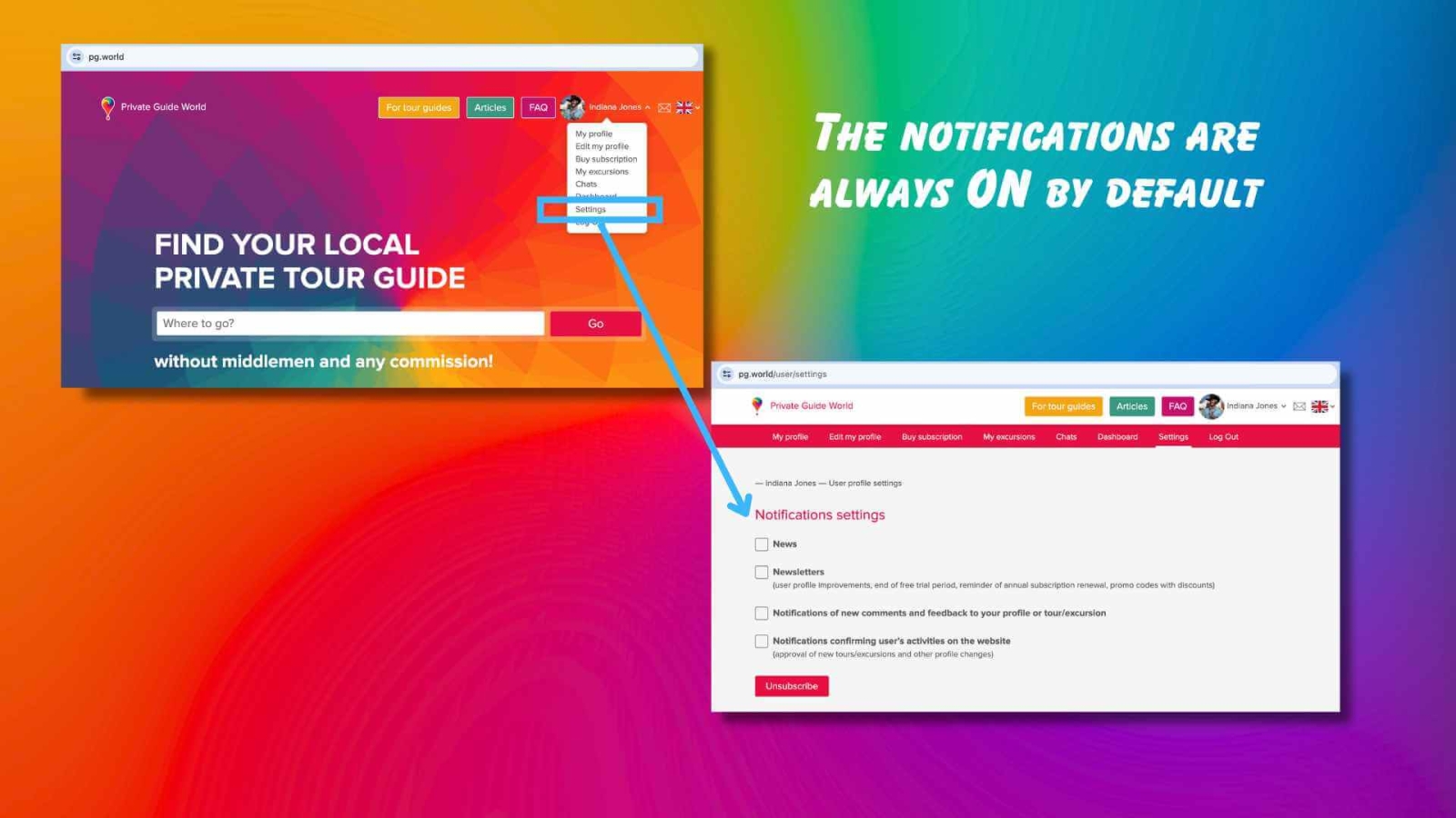 Notification settings on the PRIVATE GUIDE WORLD website