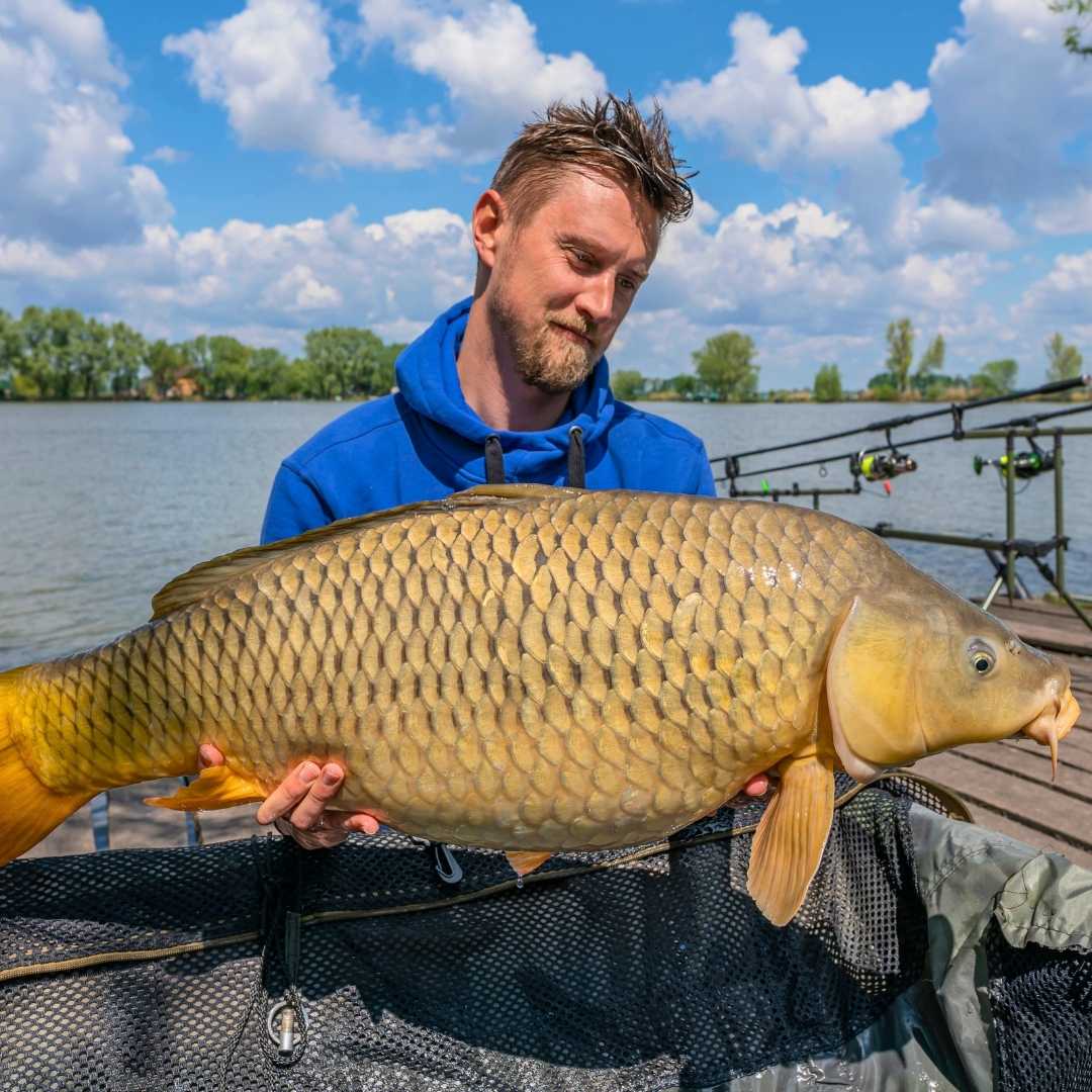 Fisherman with huge fish trophy in hands