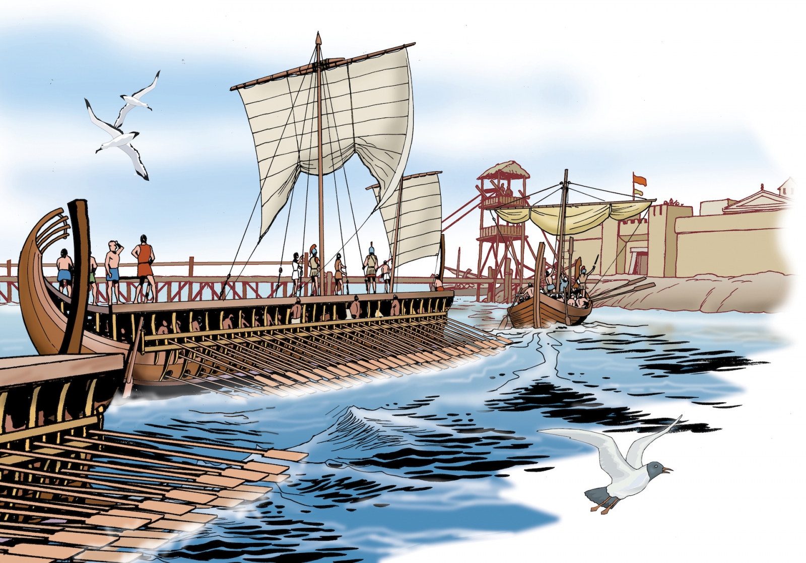 Antikes Griechenland - Griechische Kriegsschiffe kommen im Hafen an