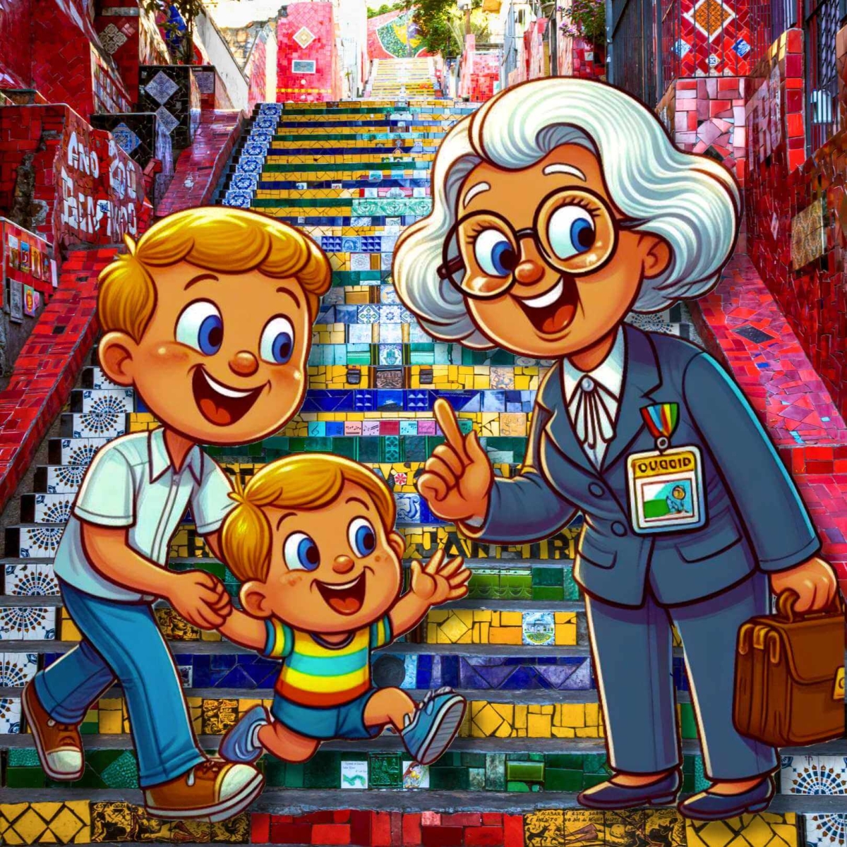  A parent asks an aged tour guide in Rio to watch their child while they take a quick detour on a personal walking tour.​