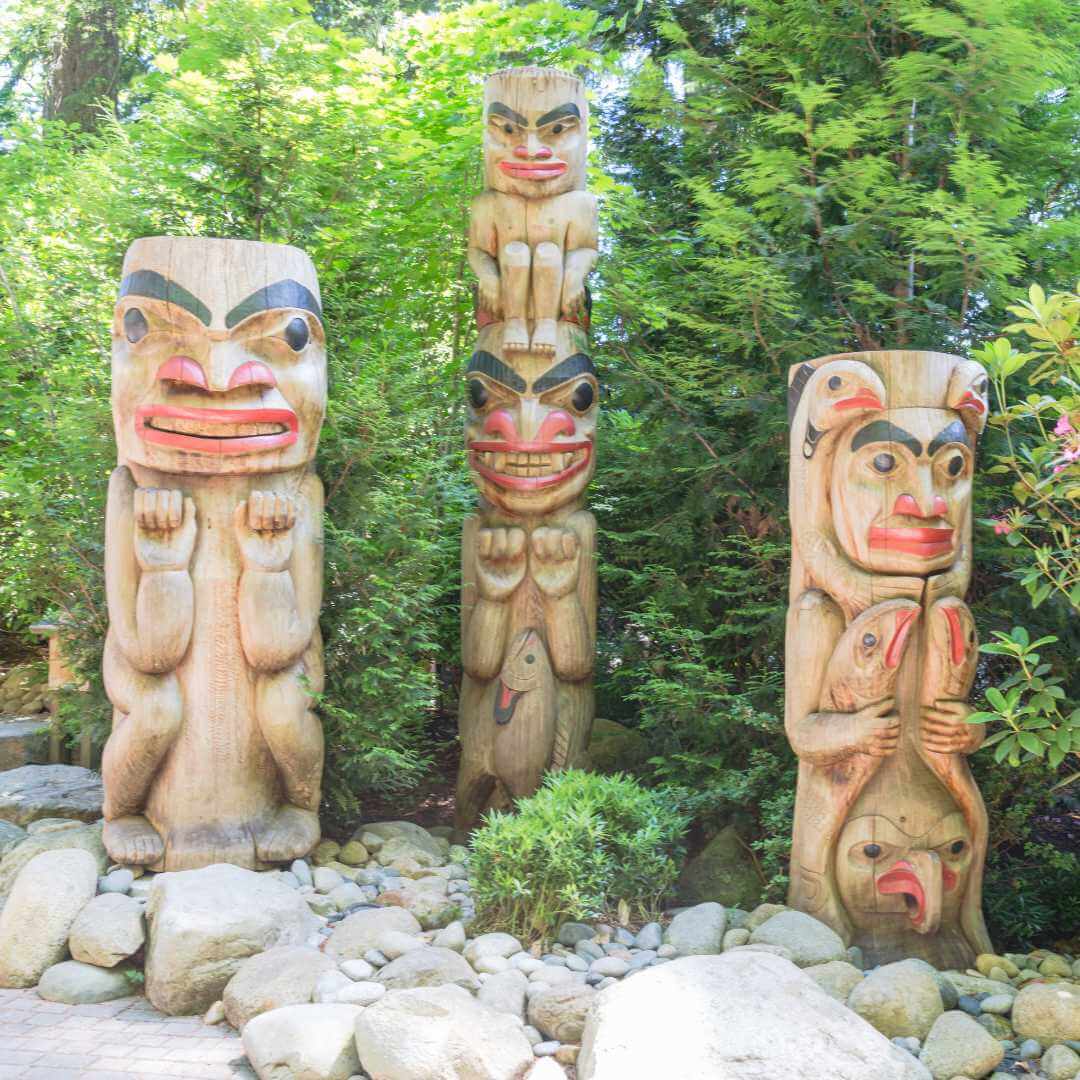 Indian totem poles in Capilano Suspension Bridge in Vancouver, Canada
