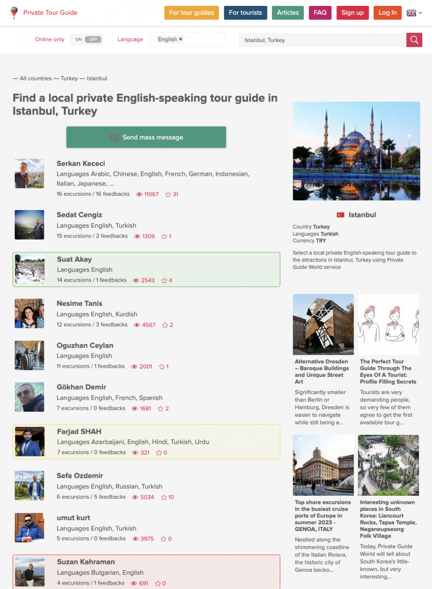 Istanbul local private tour guides' page on PRIVATE GUIDE WORLD platform