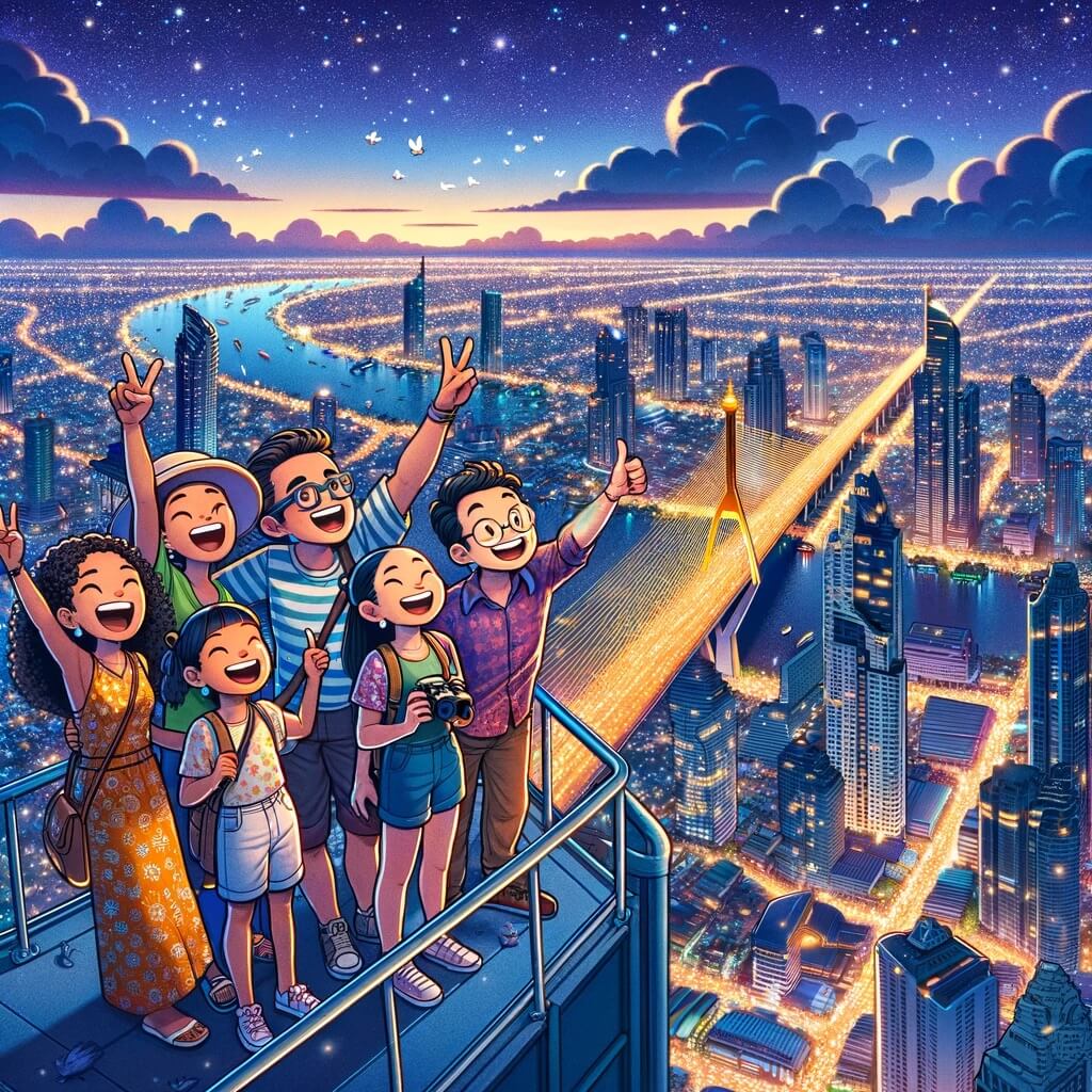 Un grupo de turistas toma fotografías fantásticas desde la plataforma de observación del Baiyoke Sky Hotel por la noche.