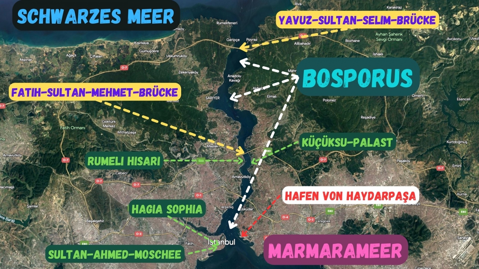 Karte 2 einiger Touristenattraktionen entlang des Bosporus