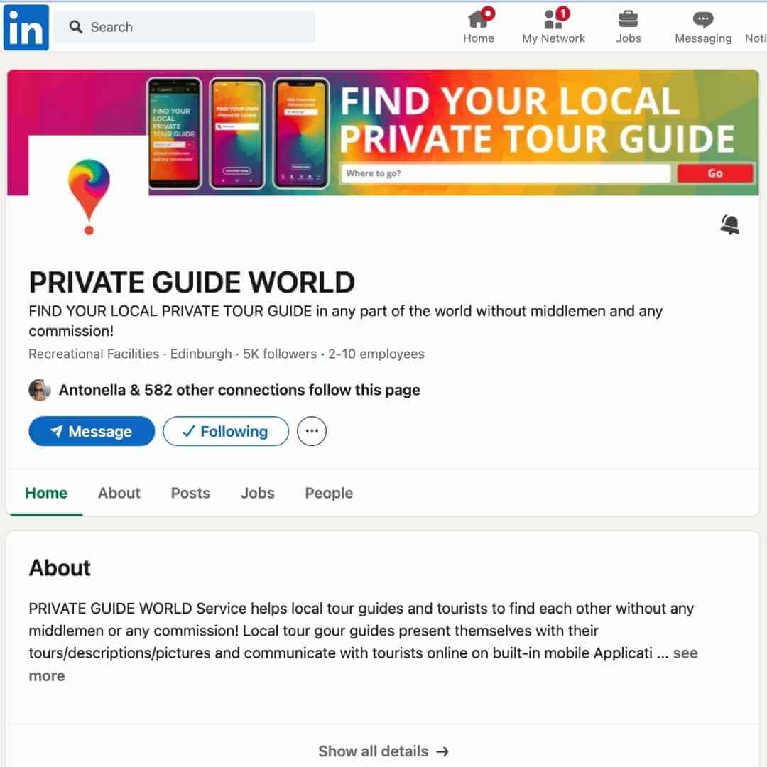 Cuenta de LinkedIn de la plataforma PRIVATE GUIDE WORLD