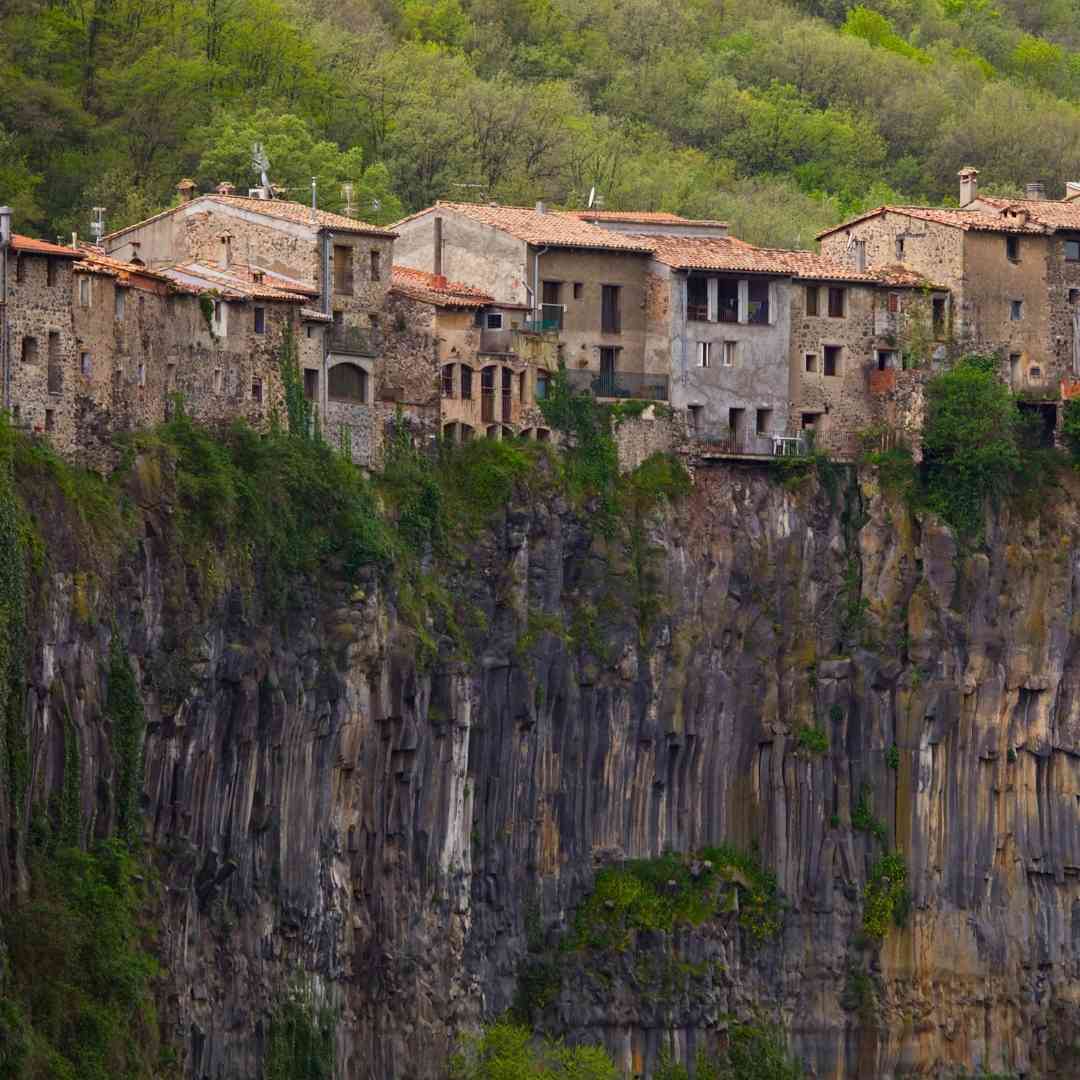 Panoramic view of the cliff medieval town from the Parking Mirador de Castellfollit de la Roca