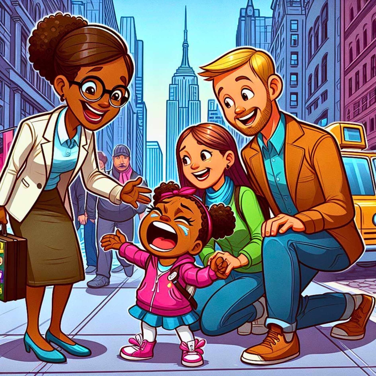 An experienced tour guide in New York City is attentively taking care of a small black girl who is having a meltdown due to being tired and hungry on a city tour with her parents.