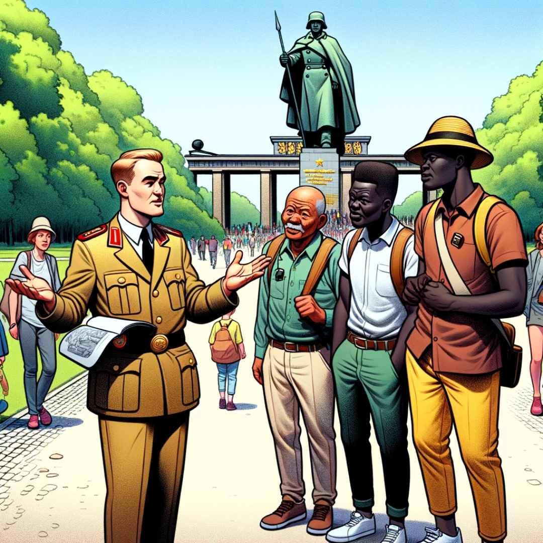 Una guida turistica tedesca con tre turisti africani al Memoriale della guerra sovietica a Treptow Park, Berlino