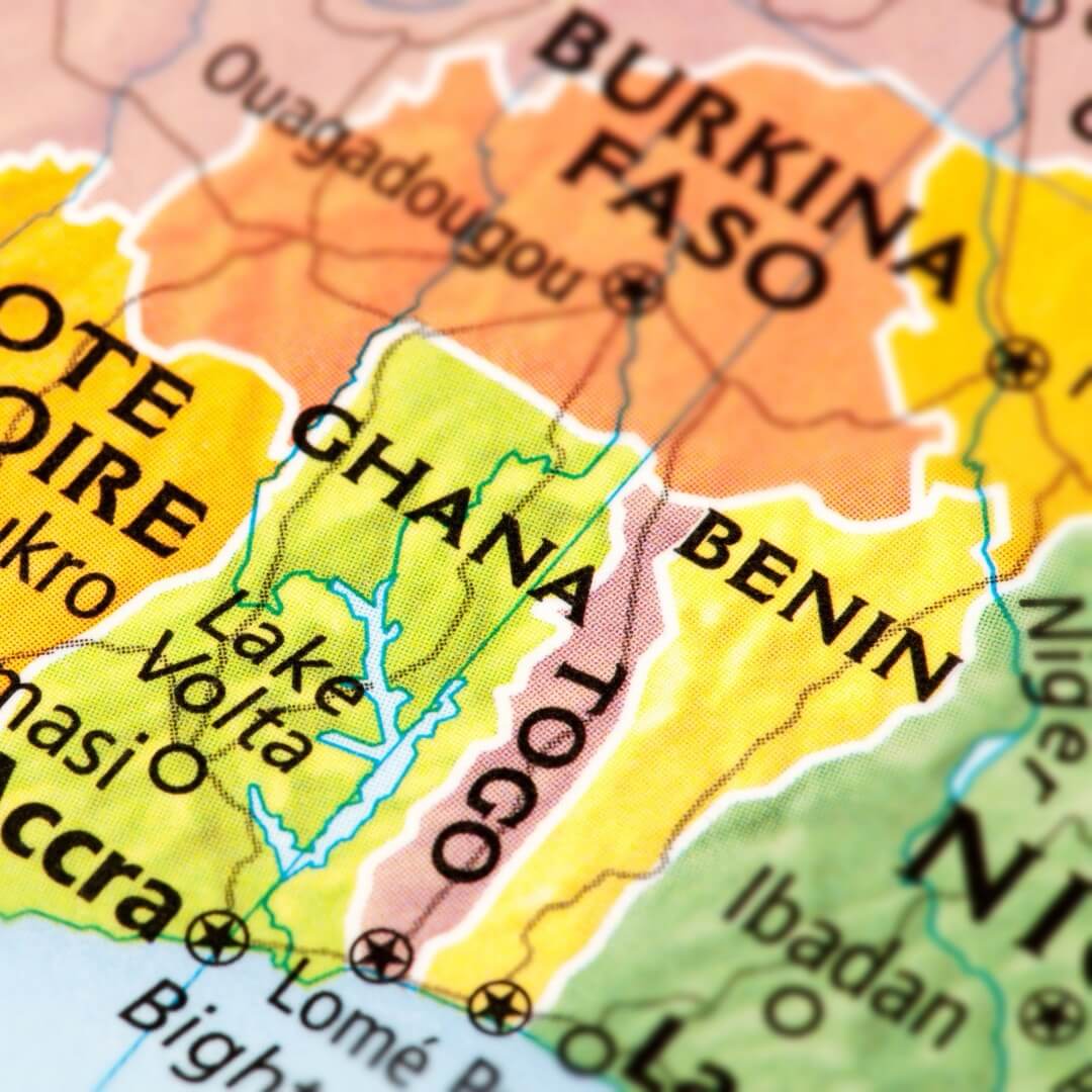 Bénin, Ghana, Togo, Côte d'Ivoire sur la carte