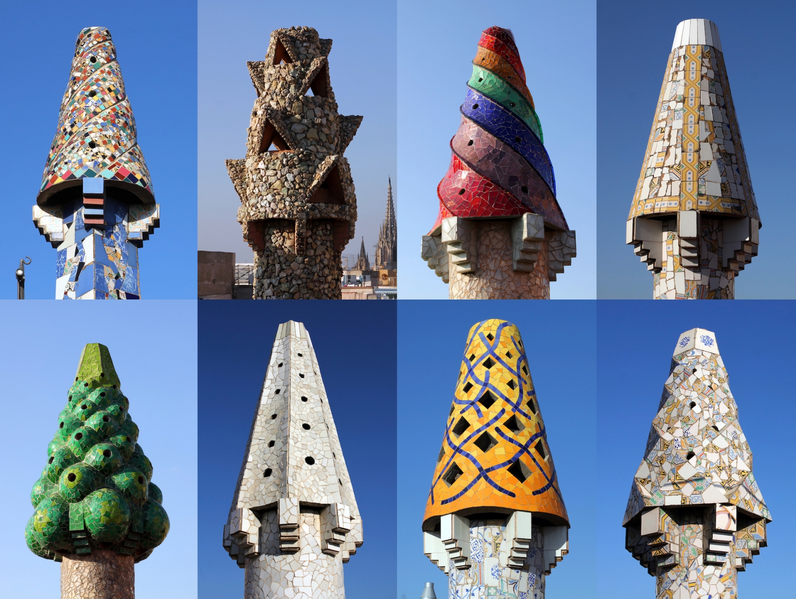 Bunte Schornsteine ​​auf Palau Güell, Barcelona