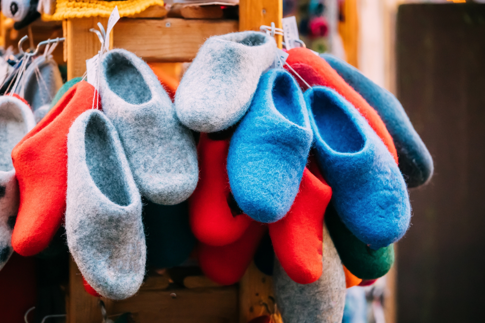 Close View Of Various Colorful European Felt Boots Or Slippers A