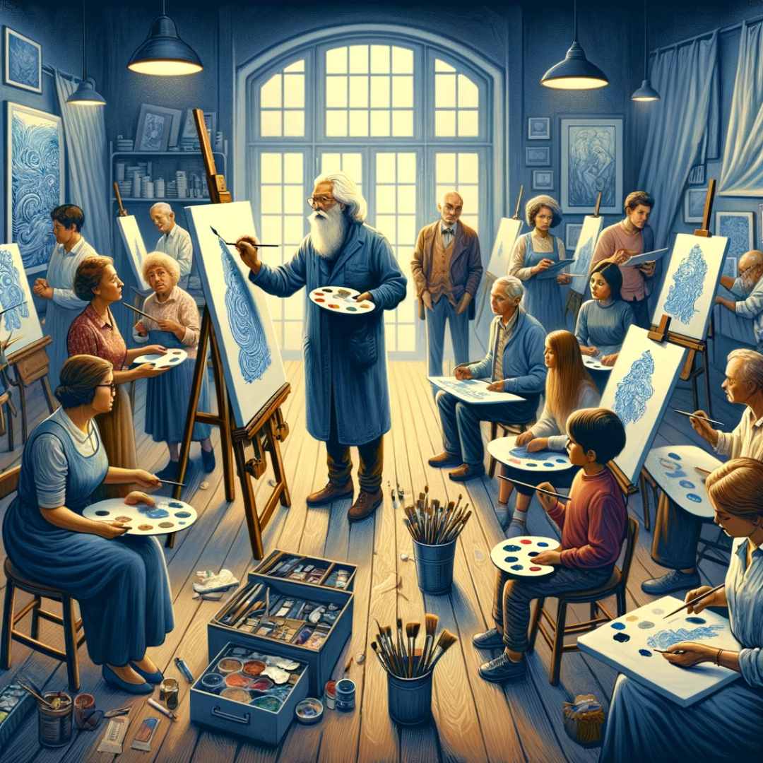 eine vielfältige Gruppe von Personen, die in einer Atelierumgebung künstlerisch von einem Meisterkünstler lernen