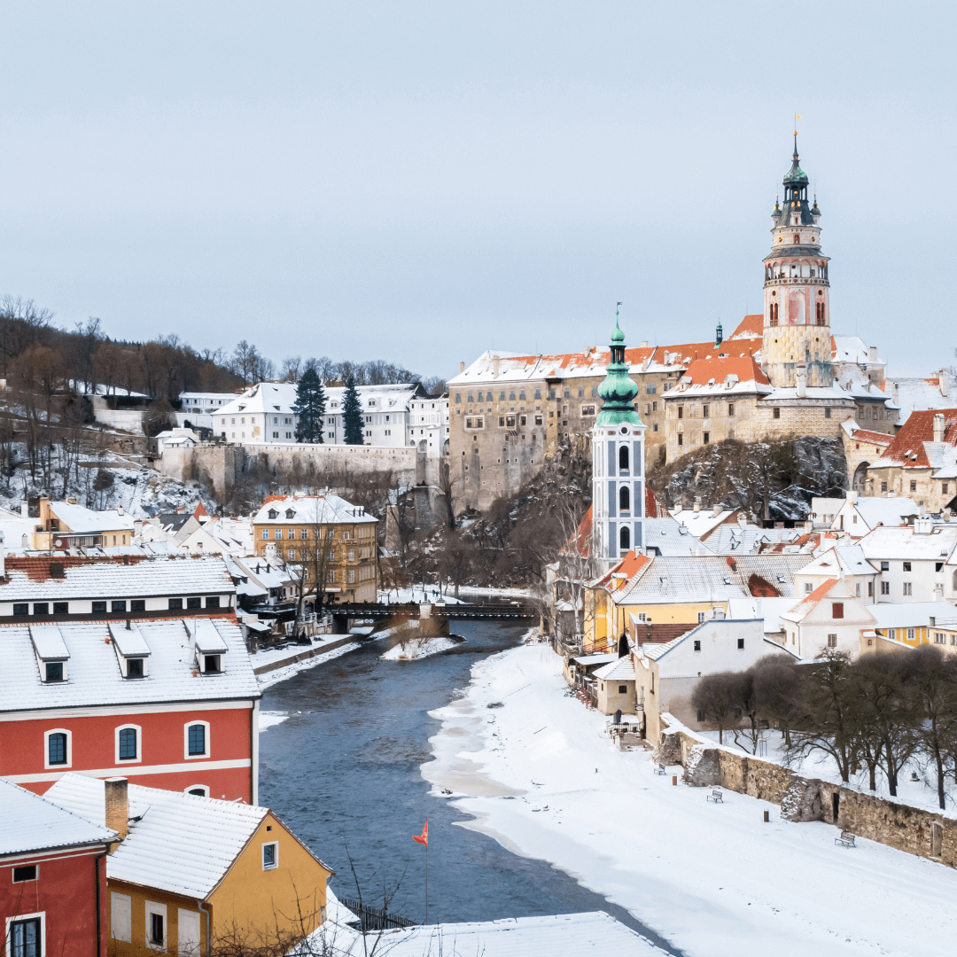 Veduta invernale di Cesky Krumlov, Repubblica Ceca