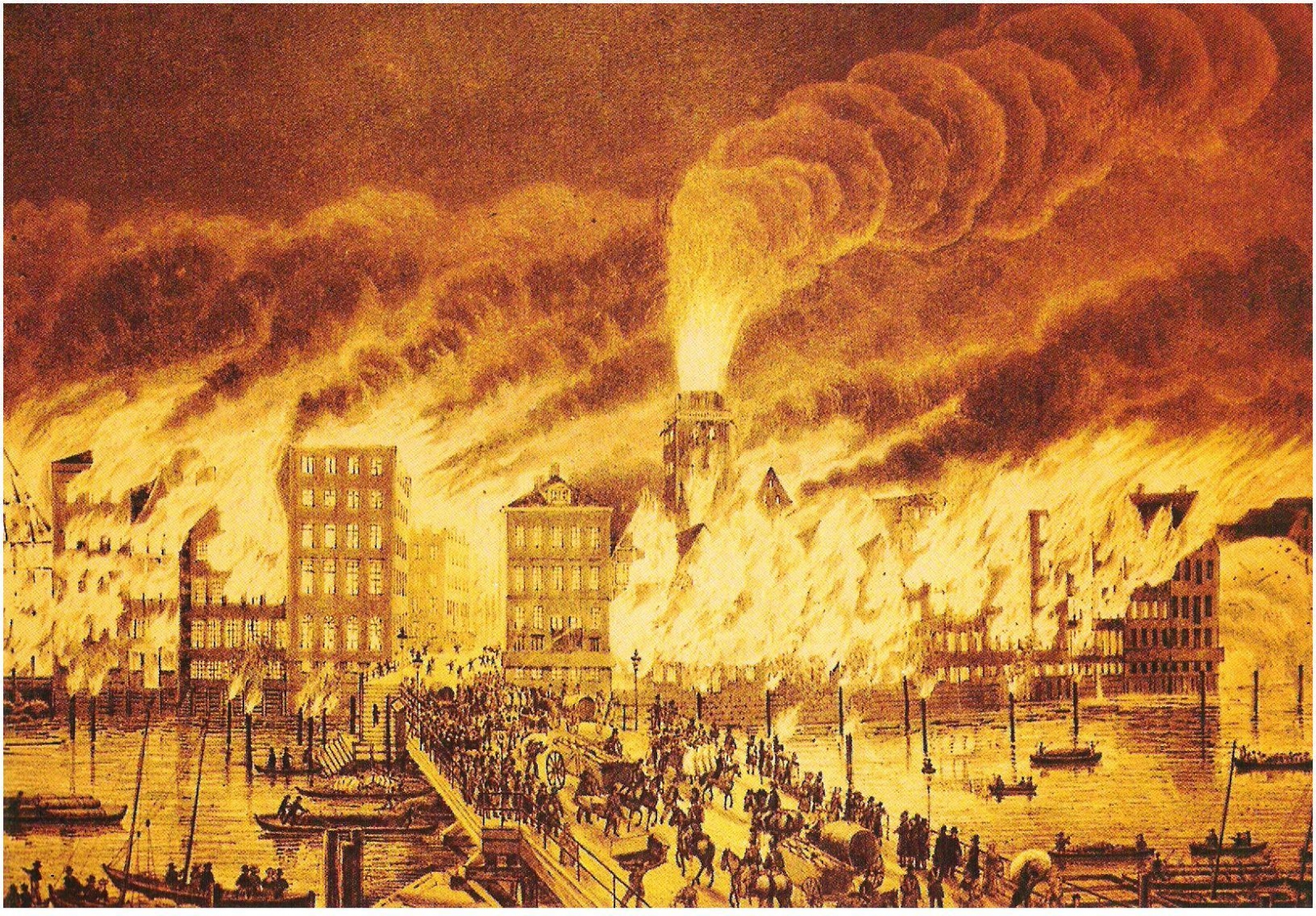 El gran incendio de 1842, pintado por Peter Suhr en 1842