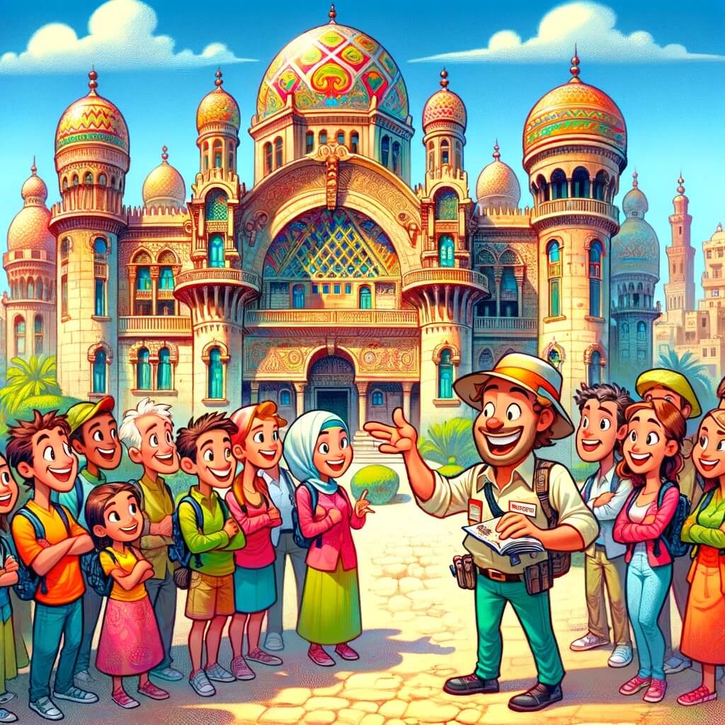 A local tour guide shows exterior of Baron Empain Palace in Cairo, Egypt for a group of tourists
