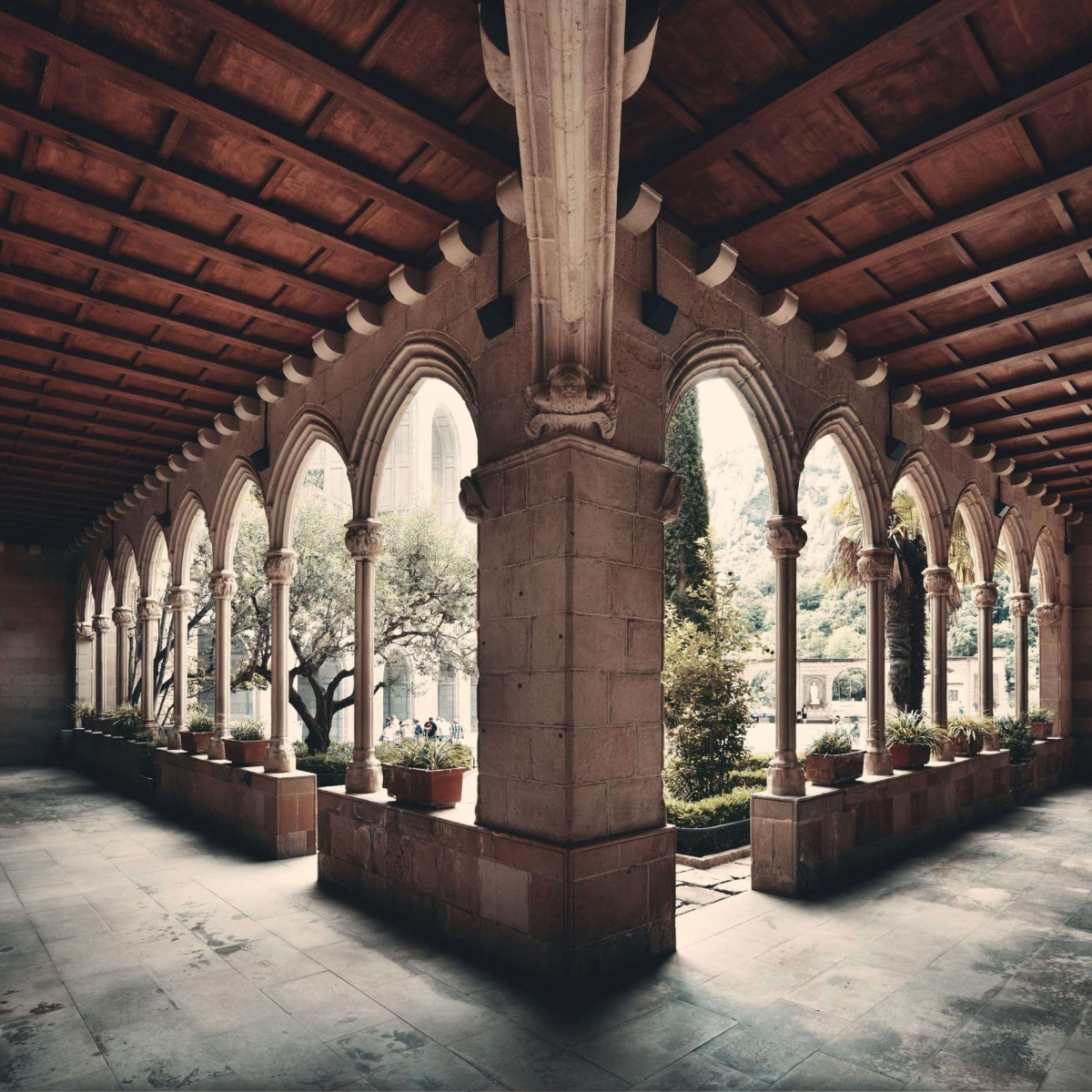 Walkway. Santa Maria de Montserrat Abbey in Barcelona Spain