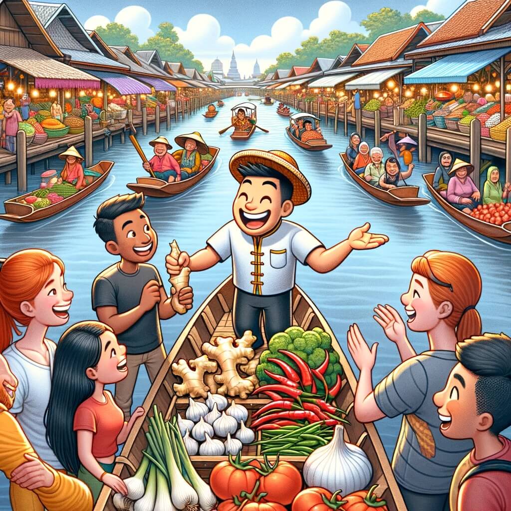 A local Thai tour guide and the tourists buy ginger, Thai bird chilies, garlic, onion and tomatoes on the floating market in Bangkok to cook Tom Yum soup later