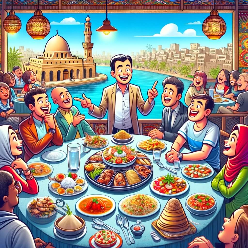 Un guía turístico local explica a los turistas extranjeros las tradiciones de comer comida local en Egipto.