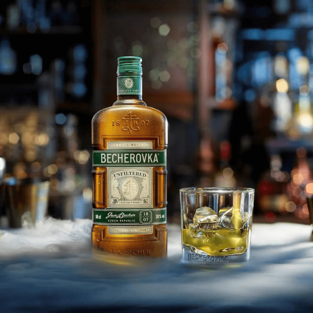 Becherovka Unfiltered, 38% ABV Ingredient_ Water, alcohol, sugar, mixture of herbs and spices