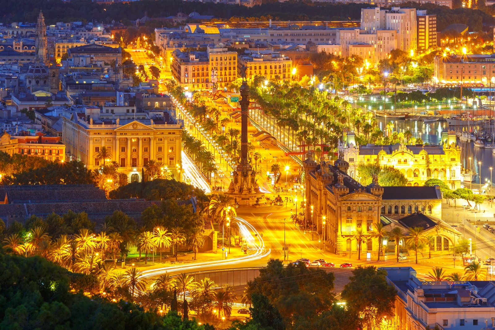 Mirador de Colom at night, Barcelona, Spain