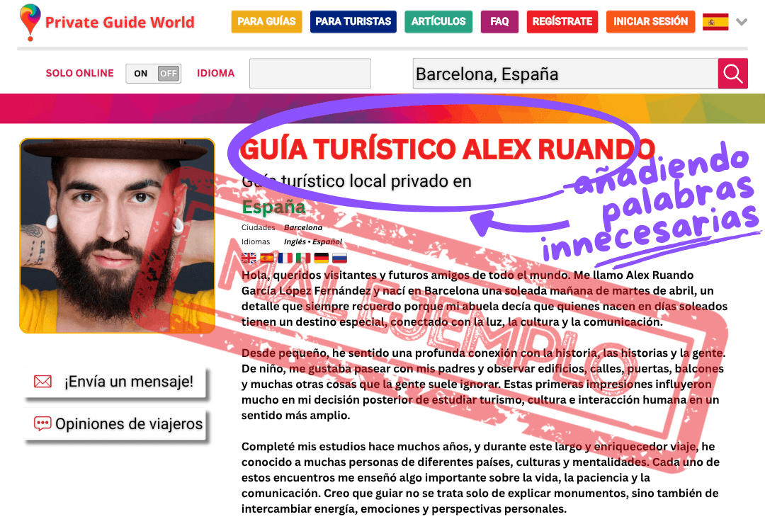 Un ejemplo del uso de palabras adicionales en el nombre de un guía turístico.