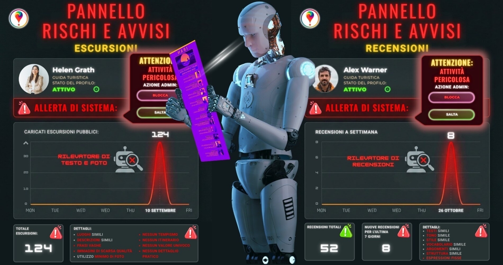 Periodicamente, il nostro sistema analizza i profili esistenti per rilevare dati mancanti o profili di guide turistiche incompleti.