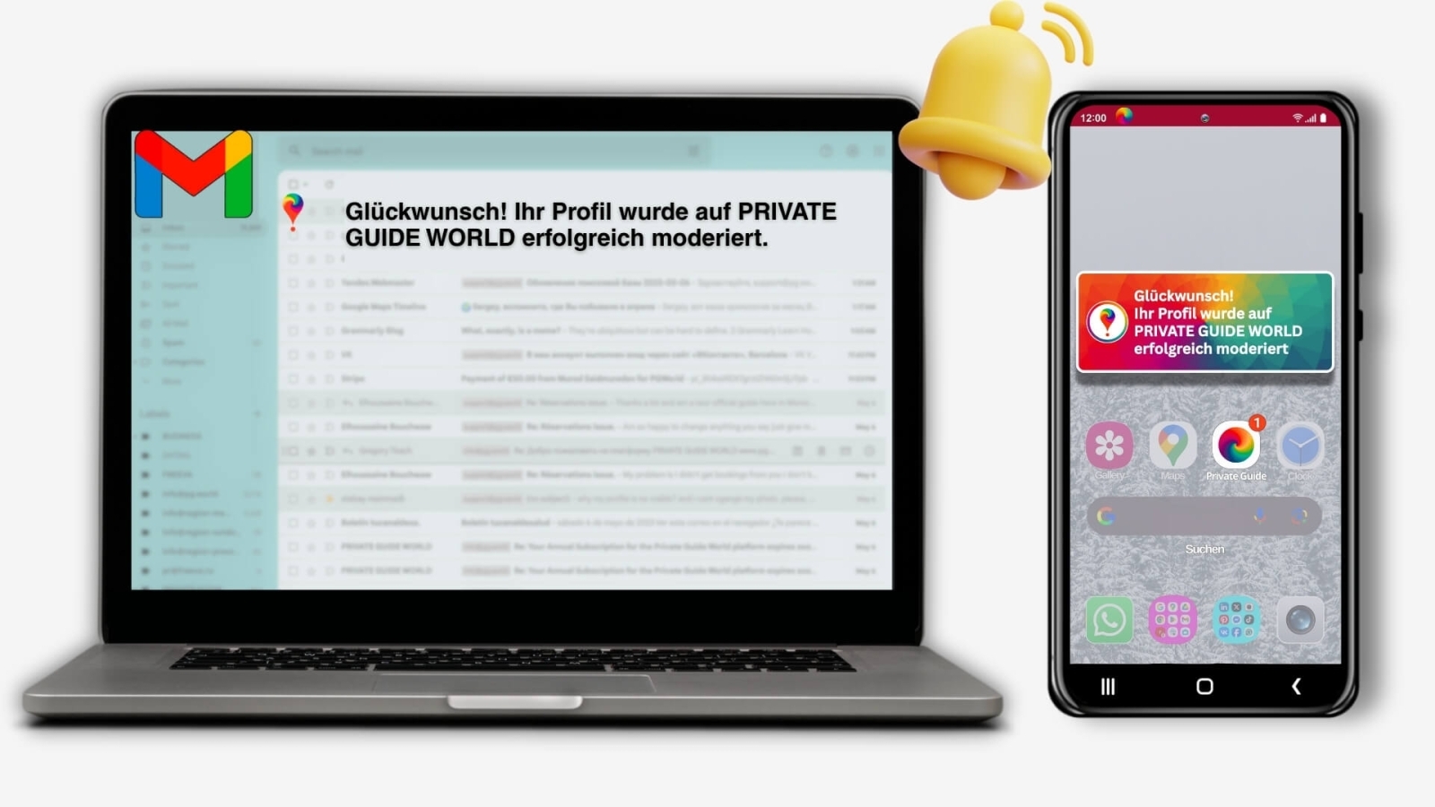 Beispiele für E-Mail- und Push-Benachrichtigungen bezüglich der Profilmoderation.